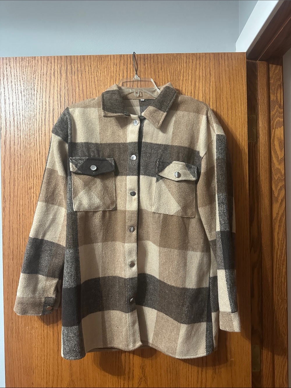 Neutral Plaid Button-Front Shirt Jacket - Beige & Brown